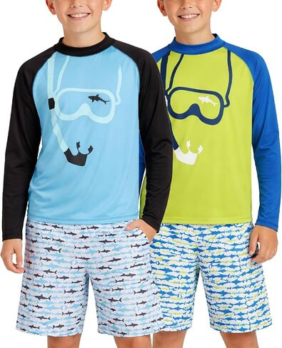 iXtreme Boys' Rash Guard Set - 4 Piece UPF 50+ Swim Trunks and Long Sleeve Swim Shirt (12M-14) in Kuwait