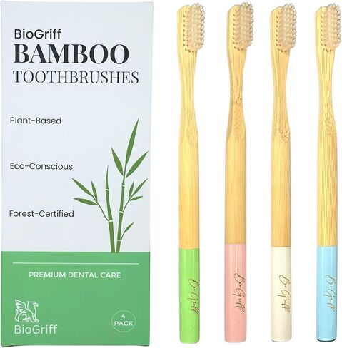 Bamboo Toothbrushes 4 Pack for Adults, Plant Based Bristles Derived from Castor Bean Oil, Soft Medium Bristles, Individually Wrapped Travel Toothbrushes, FSC Certified Packaging in Saudi Arabia