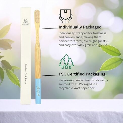 Bamboo Toothbrushes 4 Pack for Adults, Plant Based Bristles Derived from Castor Bean Oil, Soft Medium Bristles, Individually Wrapped Travel Toothbrushes, FSC Certified Packaging in Saudi Arabia