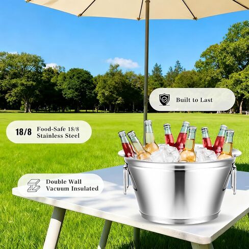 Maxdot Stainless Steel Beverage Tub Large Champagne Buckets 20-Quart 5-Gallon Insulated Ice Bucket for Parties with Double Hinged Handles Heavy Duty Drink Cooler Tub Wine Beer Chiller for Parties in Saudi Arabia