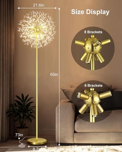 Crystal Floor Lamp for Living Room, Standing Lamp with On/Off Foot Switch, Mid Century Gold Floor Lighting with 576 PCS K9 Crystals, 69'' Metal Lamp for Bedroom Office Home Decor (Gold/6) in Saudi Arabia