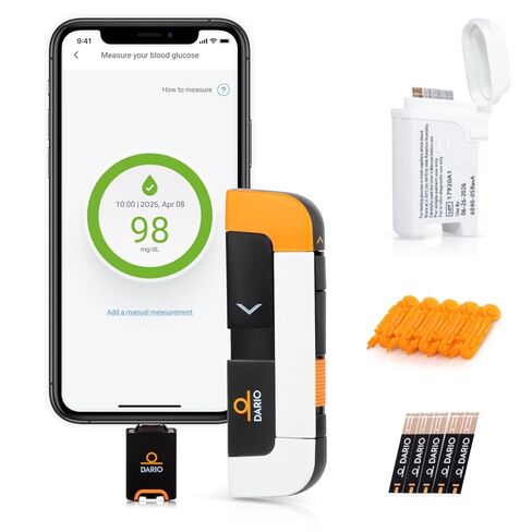 مجموعة مراقبة الجلوكوز الذكية من DARIO | منفذ USB-C (متوافق مع Android وiPhone 15 والأحدث) | اختبار مستويات السكر في الدم والتحكم في مرض السكري، تتضمن مجموعة الاختبار: جهاز قياس السكر مع 25 شريطًا، و10 مشارط in Saudi Arabia