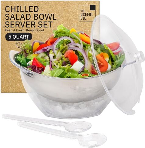 Useful Co. 5QT Salad Bowl Set on Ice - Large Salad Bowl with Lid & 2 Servers - Chilled Tray for Cold Food, Party Buffet - Serving Bowl with Ice Tray Base for Gatherings in Saudi Arabia