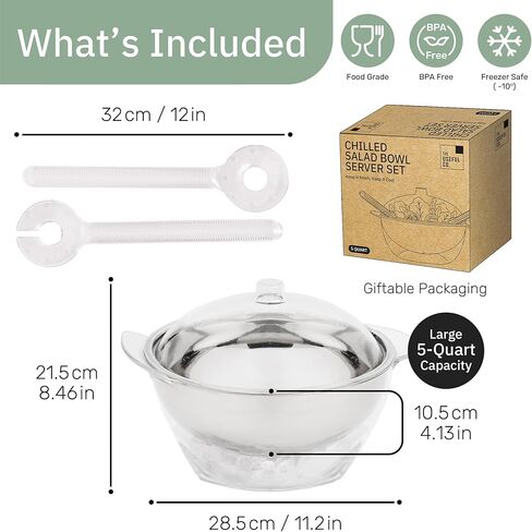 Useful Co. 5QT Salad Bowl Set on Ice - Large Salad Bowl with Lid & 2 Servers - Chilled Tray for Cold Food, Party Buffet - Serving Bowl with Ice Tray Base for Gatherings in Saudi Arabia