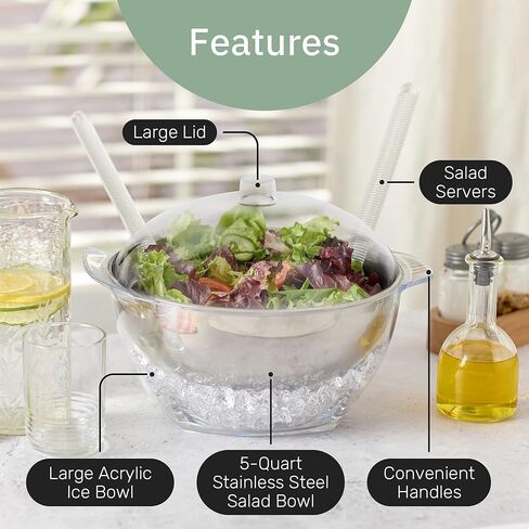 Useful Co. 5QT Salad Bowl Set on Ice - Large Salad Bowl with Lid & 2 Servers - Chilled Tray for Cold Food, Party Buffet - Serving Bowl with Ice Tray Base for Gatherings in Saudi Arabia