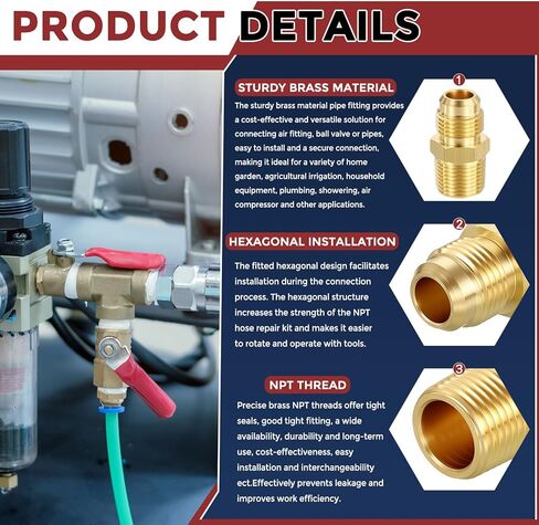 Packs of 1, 1/4" Male Flare to 1/4" Male NPT Solid Brass Hex Nipples Hose Connectors, Male Pipe Adapter for Pipe Leak Repair, Bathroom Remodeling, Tool Extensions, Compression in Saudi Arabia