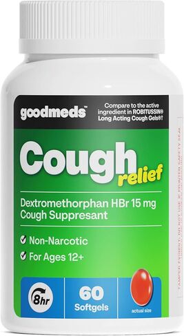 تخفيف السعال للبالغين، كبسولات هلامية ديكستروميثورفان HBr (DXM) 15 مجم 8 ساعات، غير نعسان، مثبط للشعب الهوائية طويل الأمد للسعال الجاف واحتقان الصدر (60 قطعة) in Kuwait