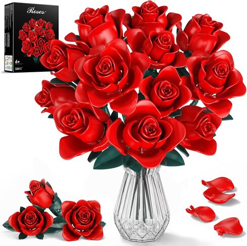 Flowers Bouquet Building Set, 3 Artificial Red Roses Botanical Collection Building Block Educational Toys Gift for Girls Kids Women Valentines Mothers Day Christmas Birthday Gift, 162 PCS in Saudi Arabia