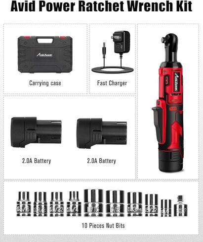 AVID POWER Cordless Electric Ratchet Wrench, 3/8" 50N.m (37 Ft-lbs) 12V Power Ratchet Wrench Kit w/Two 2.0Ah Batteries, 1-Hour Fast Charger, Variable Speed and 10 Sockets in Saudi Arabia