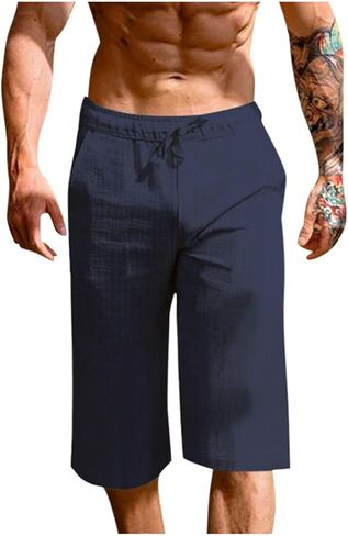 White Linen Pants Men Elastic Waist Drawstring Loose Fit 3/4 Length Summer Casual Breathable Capris in Saudi Arabia