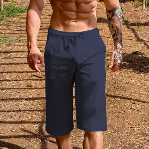 White Linen Pants Men Elastic Waist Drawstring Loose Fit 3/4 Length Summer Casual Breathable Capris in Saudi Arabia