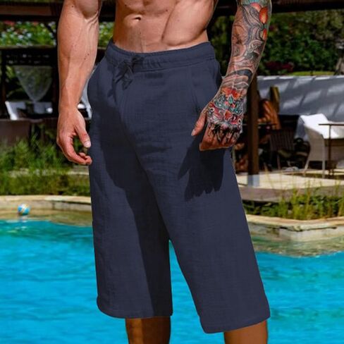 White Linen Pants Men Elastic Waist Drawstring Loose Fit 3/4 Length Summer Casual Breathable Capris in Saudi Arabia
