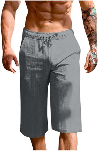 White Linen Pants Men Elastic Waist Drawstring Loose Fit 3/4 Length Summer Casual Breathable Capris in Saudi Arabia