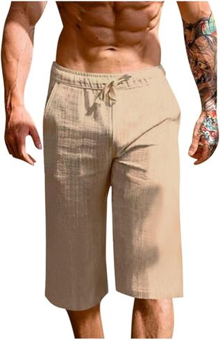 White Linen Pants Men Elastic Waist Drawstring Loose Fit 3/4 Length Summer Casual Breathable Capris in Saudi Arabia