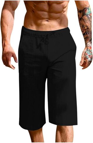White Linen Pants Men Elastic Waist Drawstring Loose Fit 3/4 Length Summer Casual Breathable Capris in Saudi Arabia