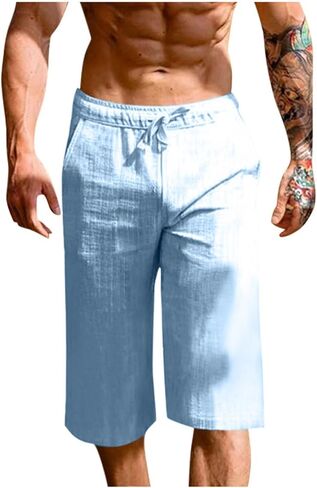 White Linen Pants Men Elastic Waist Drawstring Loose Fit 3/4 Length Summer Casual Breathable Capris in Saudi Arabia