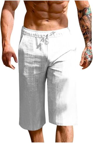 White Linen Pants Men Elastic Waist Drawstring Loose Fit 3/4 Length Summer Casual Breathable Capris in Saudi Arabia