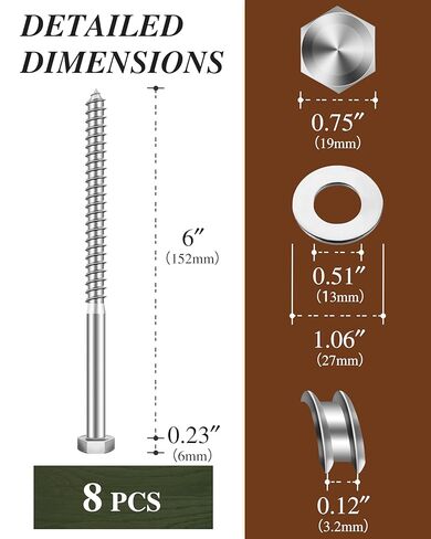 (1Box) 3/8" x 6" Hex Head Lag Screws Bolts with Flat Washers, 8Sets 304 Stainless Steel 18-8 Heavy Duty 3/8 Lag Bolts for Wood with Hex Socket in Saudi Arabia