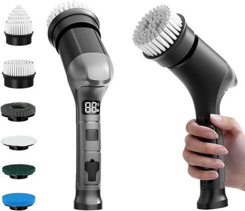 Electric Spin Scrubber, Cordless Household Cleaning Brush with 6 Replaceable Heads, 3 Speeds, LED Display, Lightweight Handheld Power Scrubber for Cleaning Stove/Bowl/Sink/Corner/Tile/Grout-Black in Saudi Arabia