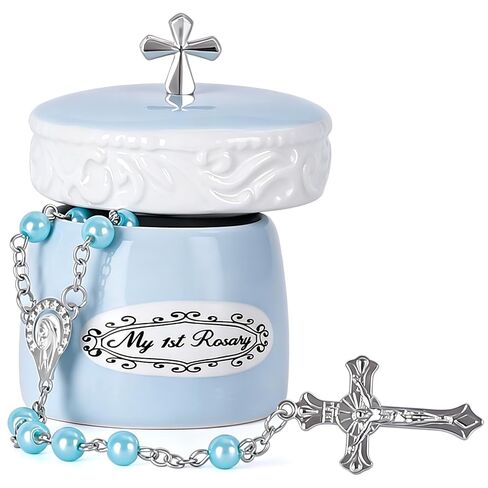 صندوق تذكار My First Rosary Cross for Boy ومجموعة هدايا مسبحة، باللون الأزرق in Kuwait