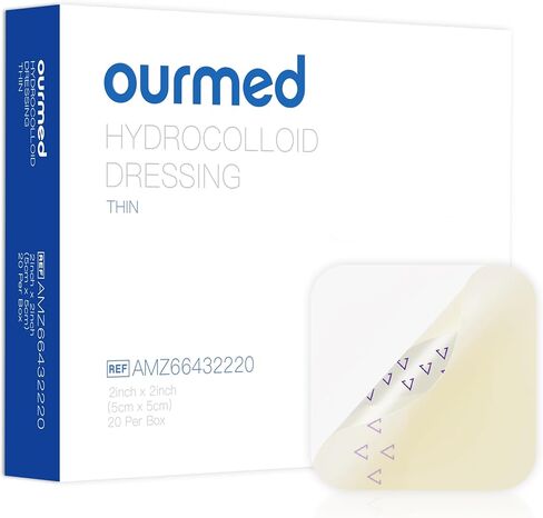ضمادات غرواني مائي من Ourmed مقاس 5.08 سم × 5.08 سم، مقاومة للماء مع ذاتية اللصق للجروح الخفيفة، والبثور، وحب الشباب، ورقع غرواني مائي محاطة لقروح السرير، والكشط، 20 عبوة in Kuwait