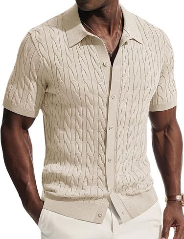 PJ PAUL JONES Mens Vintage Button Down Shirt Short Sleeve Cable Knit Textured Casual Tops for Summer in Saudi Arabia