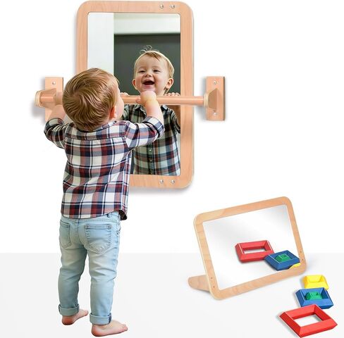 Montessori Baby 2-in-1 Shatterproof Safety Mirror with Pull-Up Bar - Infant Wall Mount & Floor Play for Tummy Time (6-18 Months) in Saudi Arabia