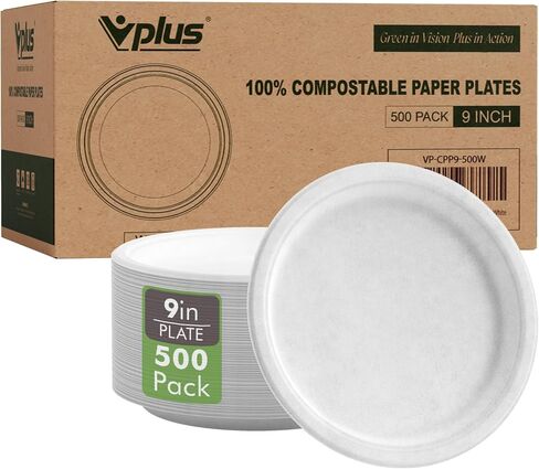 Vplus 500 Pack Paper Plates 9 inch 100% Compostable, Heavy-Duty Disposable Paper Plates Bagasse Natural Biodegradable Eco-Friendly Sugarcane（White） in Saudi Arabia