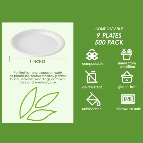 Vplus 500 Pack Paper Plates 9 inch 100% Compostable, Heavy-Duty Disposable Paper Plates Bagasse Natural Biodegradable Eco-Friendly Sugarcane（White） in Saudi Arabia
