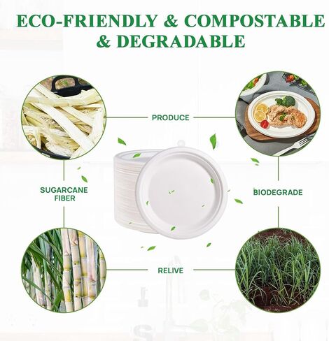 Vplus 500 Pack Paper Plates 9 inch 100% Compostable, Heavy-Duty Disposable Paper Plates Bagasse Natural Biodegradable Eco-Friendly Sugarcane（White） in Saudi Arabia
