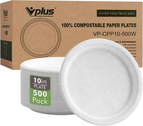 Vplus 500 Pack Paper Plates 9 inch 100% Compostable, Heavy-Duty Disposable Paper Plates Bagasse Natural Biodegradable Eco-Friendly Sugarcane（White） in Saudi Arabia