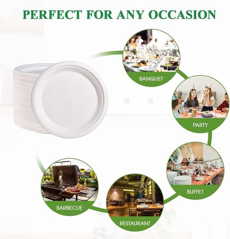 Vplus 500 Pack Paper Plates 9 inch 100% Compostable, Heavy-Duty Disposable Paper Plates Bagasse Natural Biodegradable Eco-Friendly Sugarcane（White） in Saudi Arabia