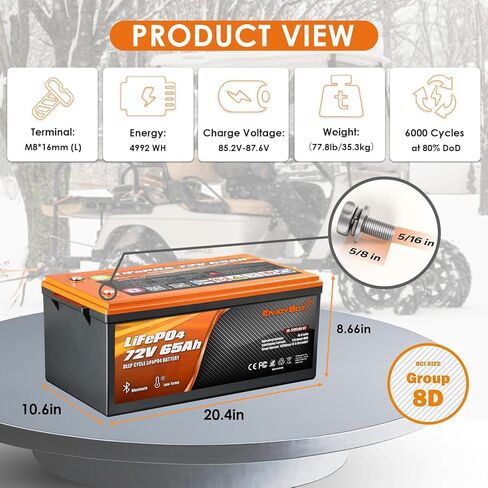 Enjoybot 72V 65Ah LiFePO4 Lithium Battery, 120A BMS Deep Cycle Battery with Bluetooth and Low-Temp Protection, 9216W Output Power, Peak Current 500A for 72V Golf Carts, LSVs, NEVs, Electric UTVs in Saudi Arabia