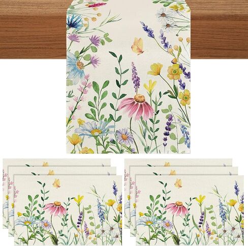 Hahafelt Spring Flower Table Runner and Placemats Set of 7, 12" x 18" Spring Wildflower Place Mats 13"x72" Colorful Flower Table Runner for Summer Holiday Party Kitchen Dining Decoration in Saudi Arabia