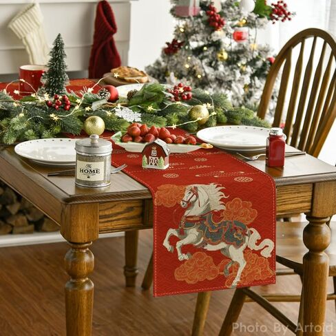 Artoid Mode Propitious Clouds Steeds Red Chinese Zodiac Horse Happy 2026 Lunar New Year Table Runner, Spring Festival Winter Kitchen Dining Table Decoration for Home Party 13x72 Inch in Saudi Arabia