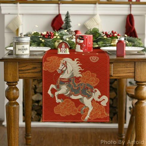 Artoid Mode Propitious Clouds Steeds Red Chinese Zodiac Horse Happy 2026 Lunar New Year Table Runner, Spring Festival Winter Kitchen Dining Table Decoration for Home Party 13x72 Inch in Saudi Arabia