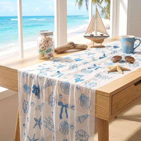 Mindsoft 1 Pcs Coastal Beach Ocean Table Runner 10 ft Sea Shell Starfish Gauze Tulle Lace Table Runner 120 Inch for Birthday Baby Shower Party Wedding Summer Home Decor (Seashell) in Saudi Arabia