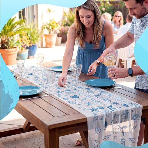 Mindsoft 1 Pcs Coastal Beach Ocean Table Runner 10 ft Sea Shell Starfish Gauze Tulle Lace Table Runner 120 Inch for Birthday Baby Shower Party Wedding Summer Home Decor (Seashell) in Saudi Arabia