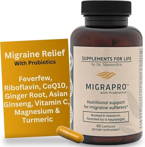MigraPro with Probiotics, Brain and Gut Health Support Supplement with Magnesium, Riboflavin, CoQ10, Ginger Root, Asian Ginseng, Vitamin C, Feverfew & Turmeric, Gluten Free, 90 Capsules in Saudi Arabia