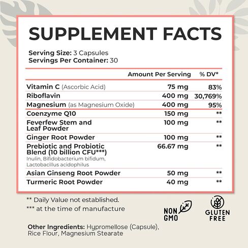 MigraPro with Probiotics, Brain and Gut Health Support Supplement with Magnesium, Riboflavin, CoQ10, Ginger Root, Asian Ginseng, Vitamin C, Feverfew & Turmeric, Gluten Free, 90 Capsules in Saudi Arabia