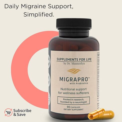 MigraPro with Probiotics, Brain and Gut Health Support Supplement with Magnesium, Riboflavin, CoQ10, Ginger Root, Asian Ginseng, Vitamin C, Feverfew & Turmeric, Gluten Free, 90 Capsules in Saudi Arabia