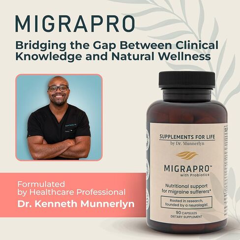 MigraPro with Probiotics, Brain and Gut Health Support Supplement with Magnesium, Riboflavin, CoQ10, Ginger Root, Asian Ginseng, Vitamin C, Feverfew & Turmeric, Gluten Free, 90 Capsules in Saudi Arabia