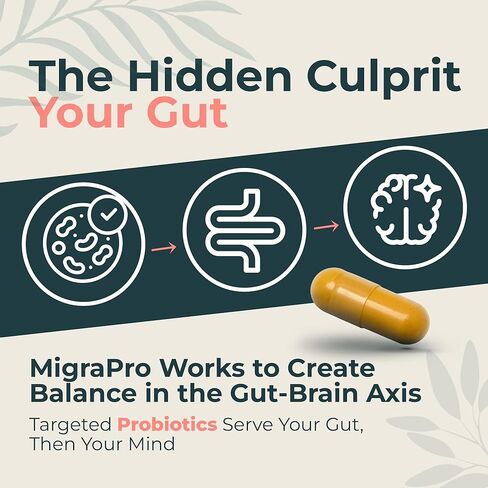 MigraPro with Probiotics, Brain and Gut Health Support Supplement with Magnesium, Riboflavin, CoQ10, Ginger Root, Asian Ginseng, Vitamin C, Feverfew & Turmeric, Gluten Free, 90 Capsules in Saudi Arabia