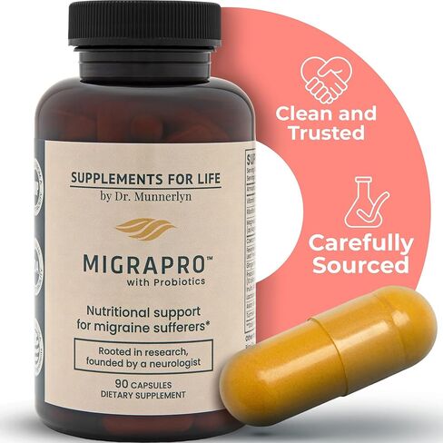 MigraPro with Probiotics, Brain and Gut Health Support Supplement with Magnesium, Riboflavin, CoQ10, Ginger Root, Asian Ginseng, Vitamin C, Feverfew & Turmeric, Gluten Free, 90 Capsules in Saudi Arabia