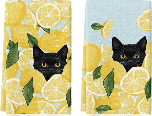Artoid Mode Yellow Lemon Black Cat Summer Kitchen Towels Dish Towels, 18x26 Inch Leaves Farmhouse Summer Seasonal Decoration Hand Towels Set of 2 in Saudi Arabia