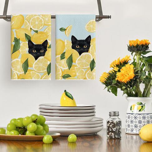Artoid Mode Yellow Lemon Black Cat Summer Kitchen Towels Dish Towels, 18x26 Inch Leaves Farmhouse Summer Seasonal Decoration Hand Towels Set of 2 in Saudi Arabia