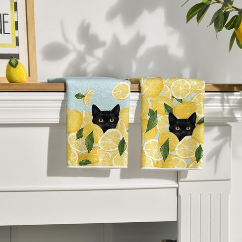Artoid Mode Yellow Lemon Black Cat Summer Kitchen Towels Dish Towels, 18x26 Inch Leaves Farmhouse Summer Seasonal Decoration Hand Towels Set of 2 in Saudi Arabia