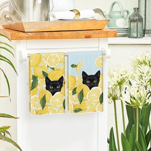 Artoid Mode Yellow Lemon Black Cat Summer Kitchen Towels Dish Towels, 18x26 Inch Leaves Farmhouse Summer Seasonal Decoration Hand Towels Set of 2 in Saudi Arabia