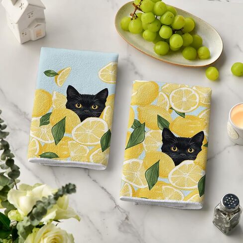 Artoid Mode Yellow Lemon Black Cat Summer Kitchen Towels Dish Towels, 18x26 Inch Leaves Farmhouse Summer Seasonal Decoration Hand Towels Set of 2 in Saudi Arabia