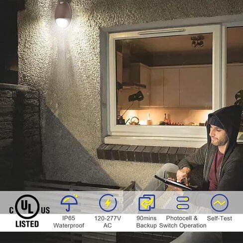 OSTEK LED ضوء الطوارئ مع مستشعر الخلايا الكهروضوئية الاحتياطية للبطارية، IP65 12W LED حزمة الجدار الخارجية لتركيبات الإضاءة في حالات الطوارئ 5000K 120-277VAC، تشخيص الاختبار الذاتي، غلاف من الألومنيوم، معتمد من UL in Kuwait
